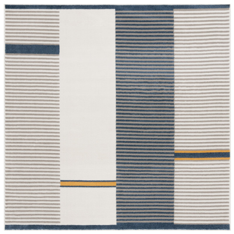 Tapis gris / ivoire / bleu marine en jute / sisal / polypropylène tissé à la machine Nagelly, Carré 6 pi 7 po