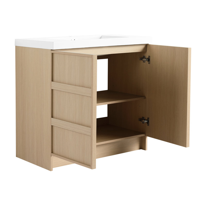 Meuble-lavabo de 36 po avec chêne, lavabo en résine, 2 portes d'armoire à fermeture en douceur, base en contreplaqué, tablettes réglables, construction, charnières en chêne d'aspect moderne, surface lisse