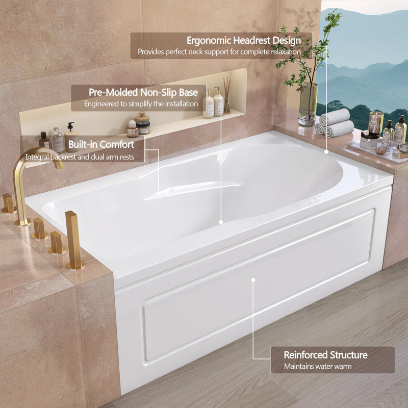 60" X 32" Drop In Alcove Acrylic Bathtub Left Drain Built In Soaking Tub Glossy White, Left