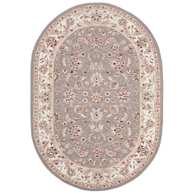 Hollander Hand Hooked Wool Taupe/Ivory Rug, Oval 4'6" x 6'6"