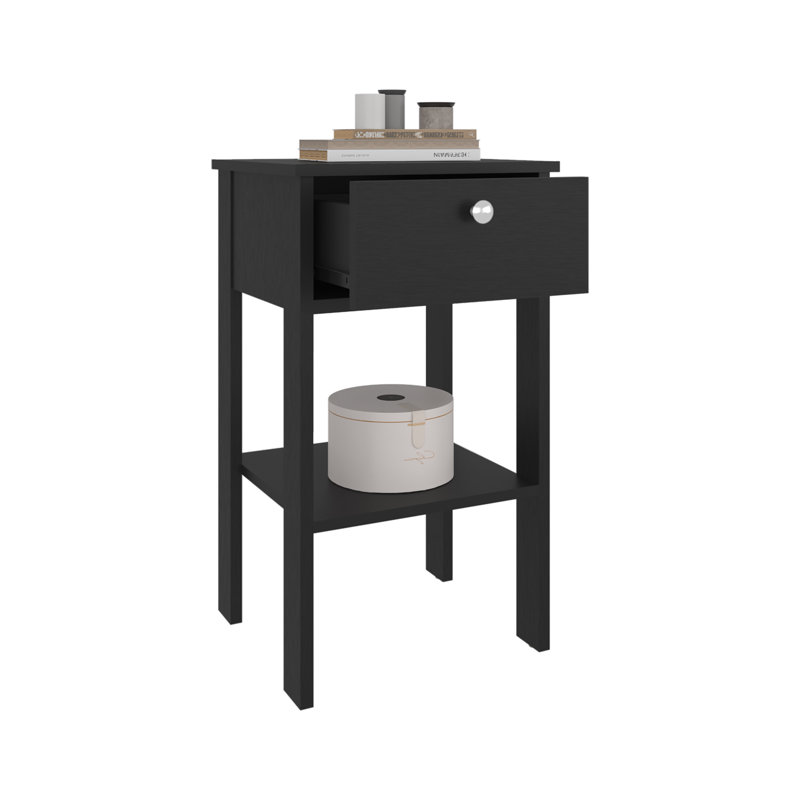 Table de chevet moderne noire avec tiroir simple et tablette de rangement ouverte