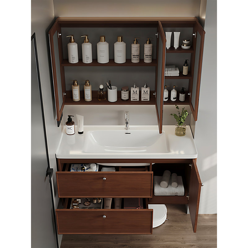 Meuble-lavabo flottant en bois d'hévéa de style Mid-Antique avec lavabo en céramique