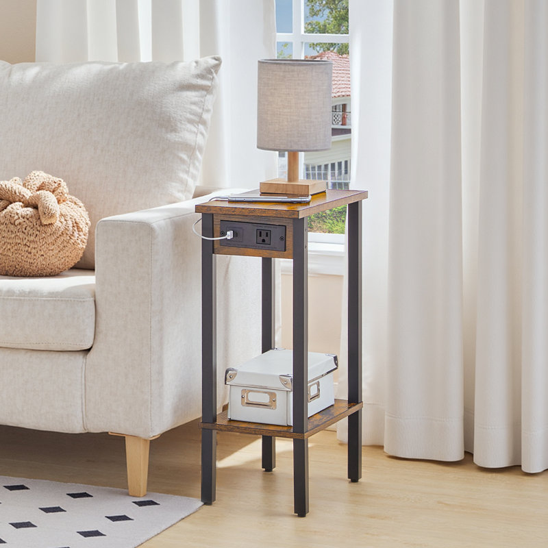 Petite table de bout avec station de charge 22,6 "H, Brun rustique