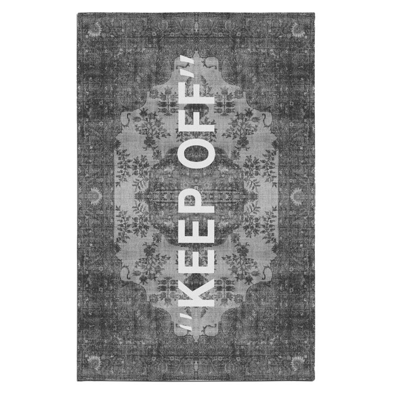 Tapis tissé noir et gris rétro «Keep Off», Rectangle 3 pi 9,81 po x 4 pi 11,06 po