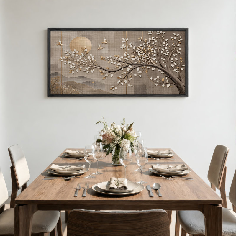 Branche d'arbre stylisée avec oiseaux et toile blanche et dorée, 40“W x 20”H