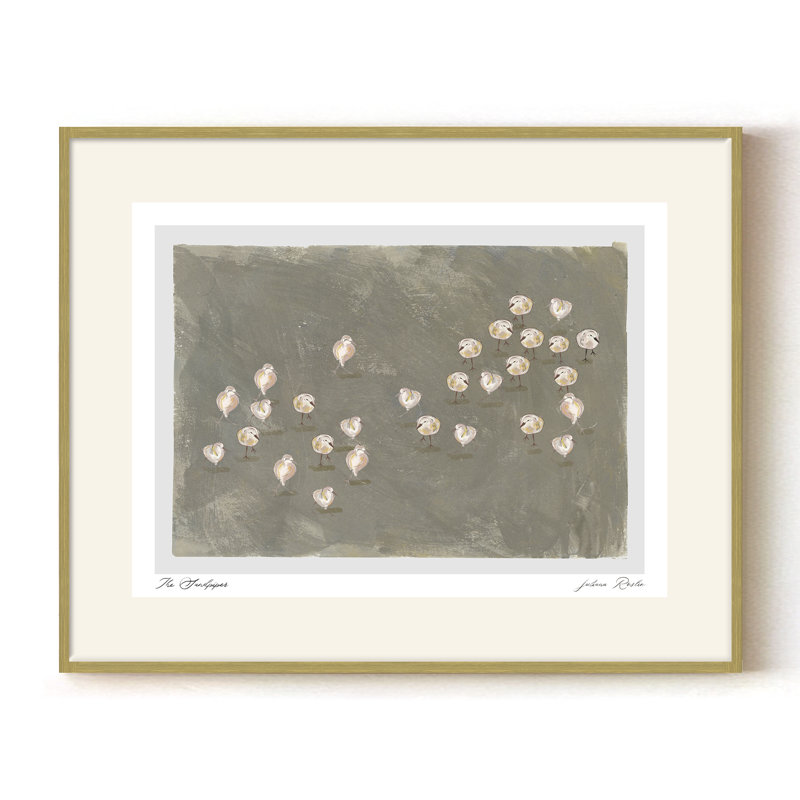 Mod-Ensemble The Sandpipers by ChiChi – Bird Art Print with Sandpipers on Grey and Green Background | 24"H x 32"W | Gold Frame