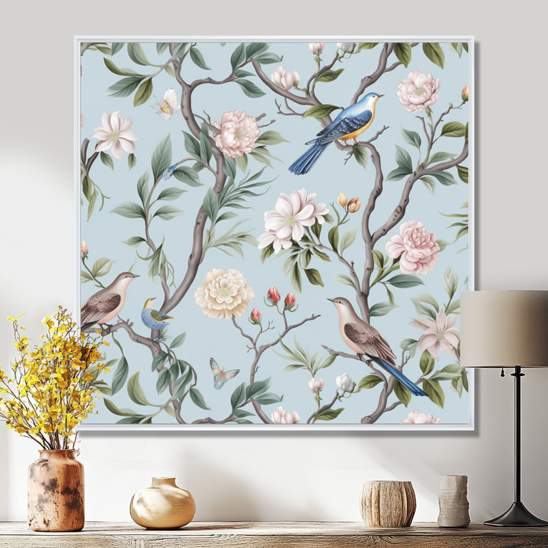 Minimalisme, oiseau sur fleurs, reproduction d'art sur toile encadrée, Cadre flottant blanc, 24" H x 24" W