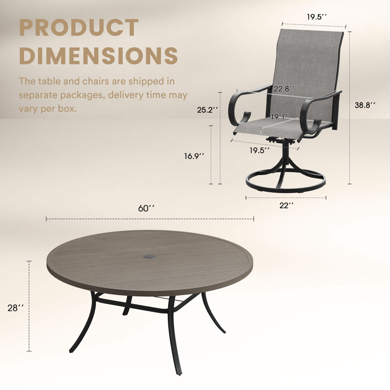 9-Piece Round Patio Dining Set With Swivel Armchairs, Gray Woodlike/Black, Gray/Black