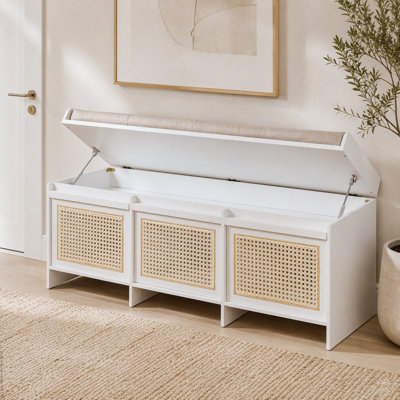 Banc de rangement pour chaussures de 48 po, banc de rangement rétro avec tiroirs en rotin et coussin amovible rembourré à boutons