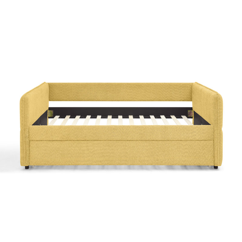 Lit de jour simple avec lit gigogne escamotable, canapé-lit capitonné, tissu Boucle, Double, Jaune