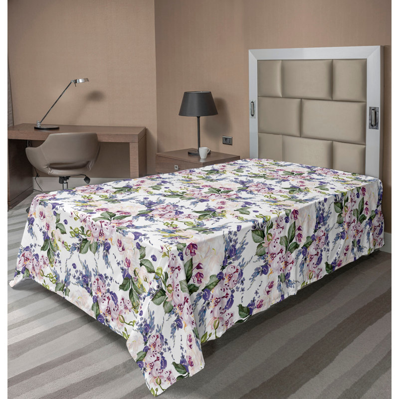 Drap plat Ambesonne Tropical Floral feuille d'orchidée exotique lavande foncé vert rose, Drap plat simple très long