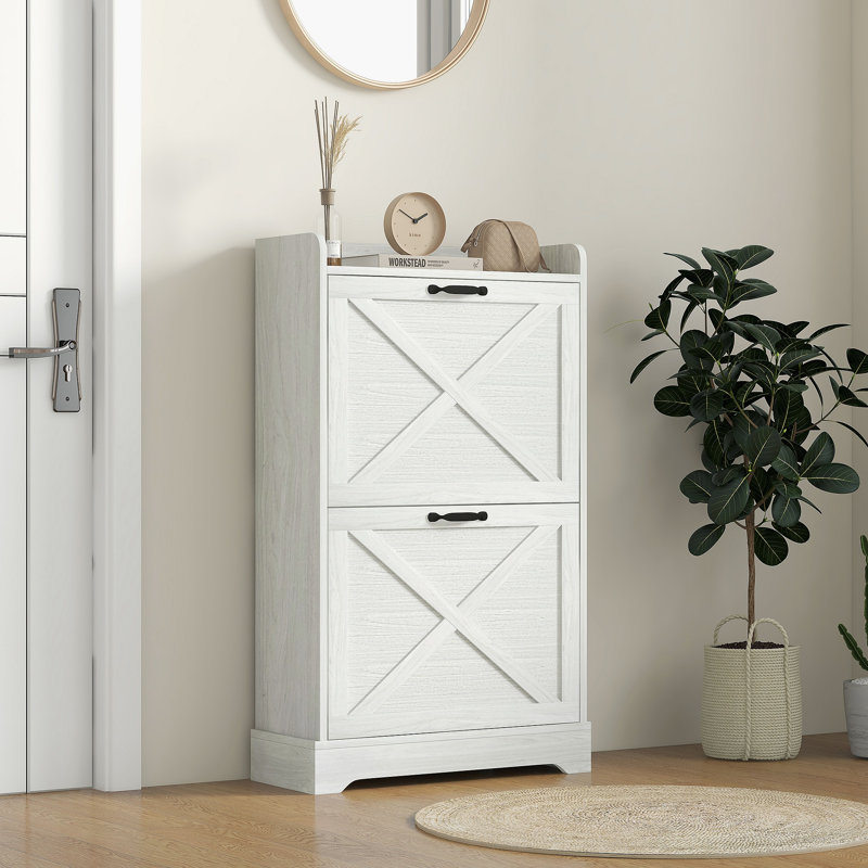 Slim Shoe Cabinet For Entryway, Farmhouse Hidden Shoe Storage Cabinet With 2 Flip Drawers And Adjustable Shelves For 8 Pairs Of Shoes