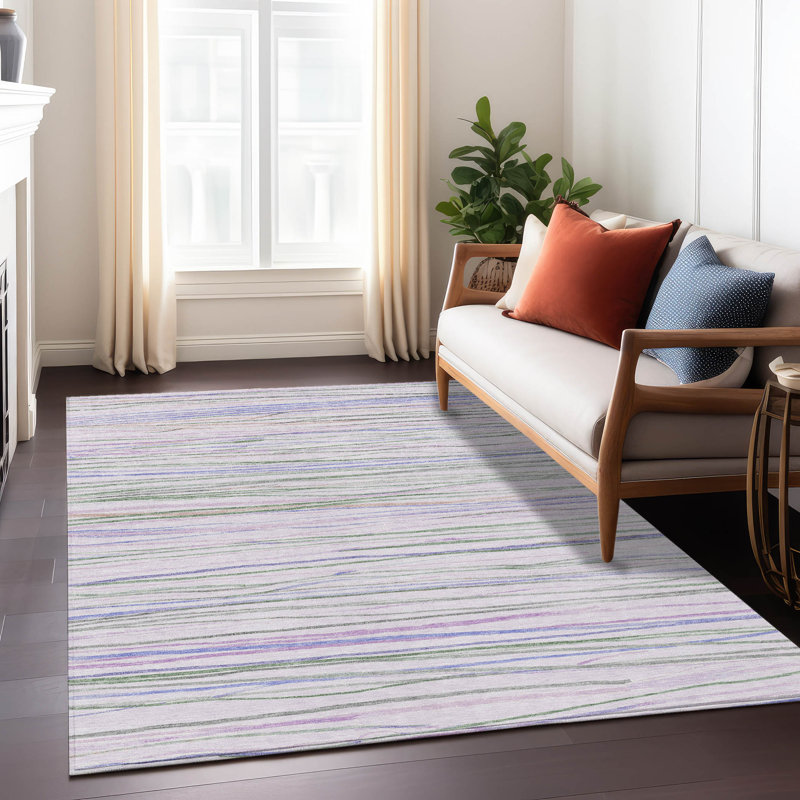 Lavender and Green Striped Synthetic Washable Rug, 2'6" x 3'10"