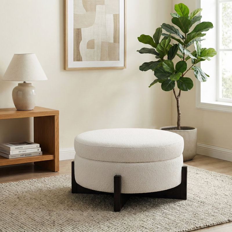 Repose-pieds rond avec couvercle amovible, rangement sous le siège et pieds rabattables en bois massif, tabouret multifonctionnel rembourré en Sherpa