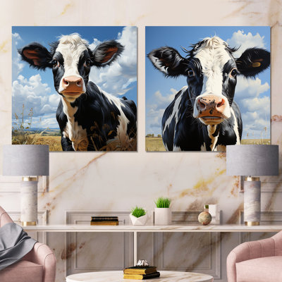 Black And White Cow Grazing The Meadows I - Cow Canvas Prints Set Of 2