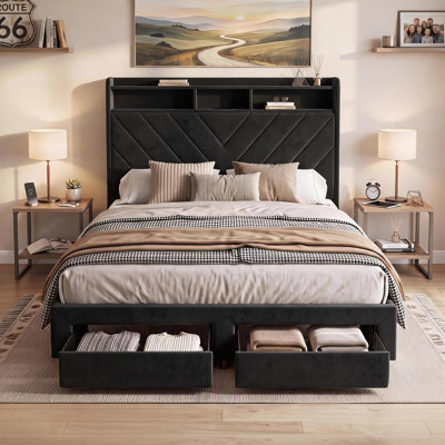 Full Size Upholstered Platform Bed Frame With Charging Station And 2 Storage Drawers, 2‑Tier Storage Headboard With Velvet Upholstery, Easy Assembly, Black