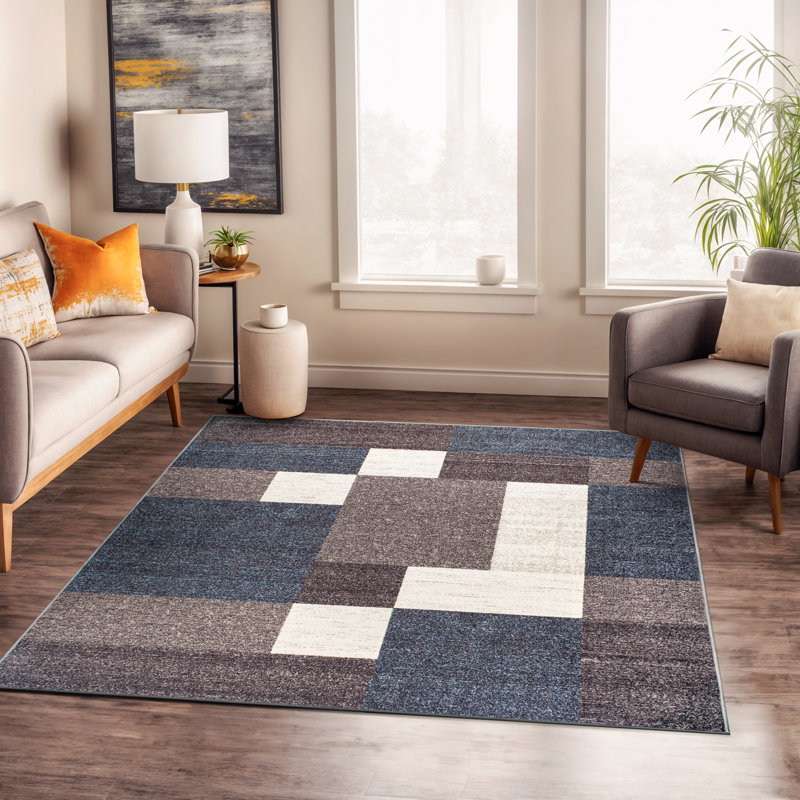 Tapis bleu touffeté à motif géométrique Allyne, Rectangle 6 pi 6 po x 9 pi