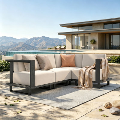Ensemble de conversation d'extérieur en osier avec coussins, canapé modulaire d'extérieur en forme de L beige en PEHD pour 4 personnes