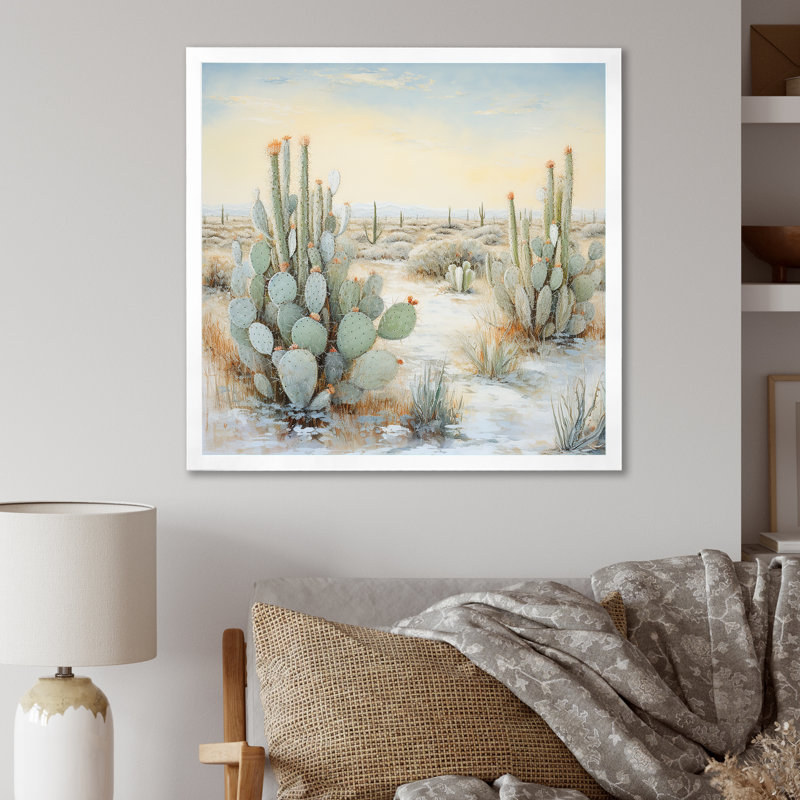 Cactus Charm In Winter I - Cactus Wall Art Living Room, Cadre simple blanc, H 30 po x l 30 po x P 1 po