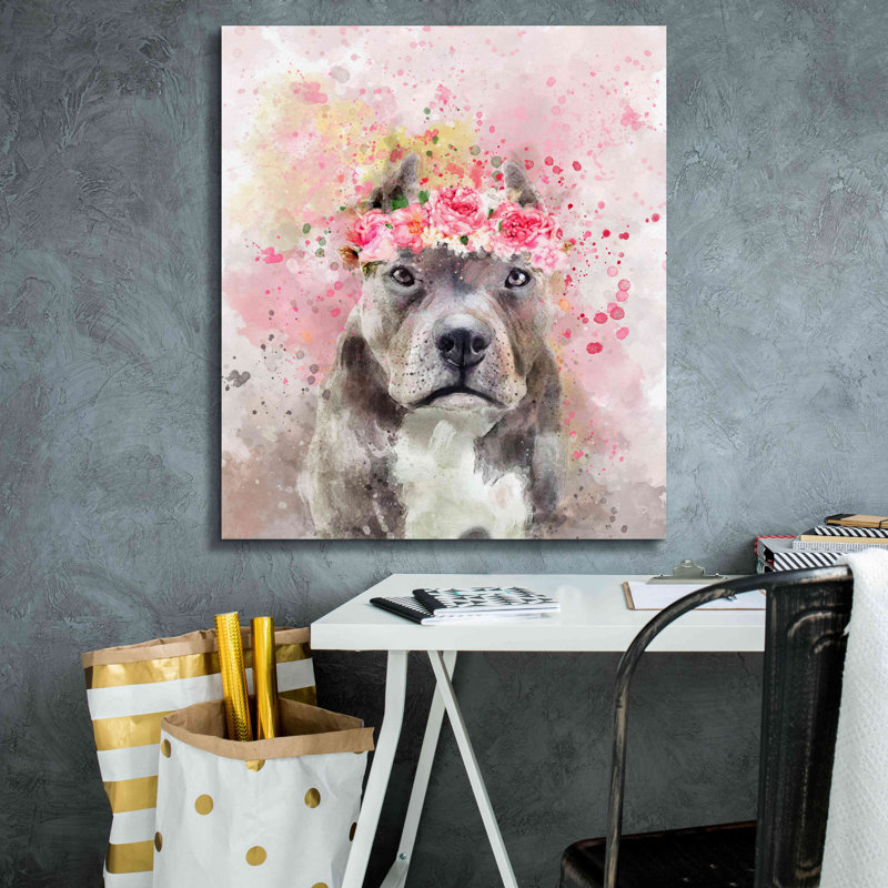 «Flower Crown Pit Bull» par Furbaby Affiliates, art mural sur toile, H 30 po x l 26 po x P 1,5 po