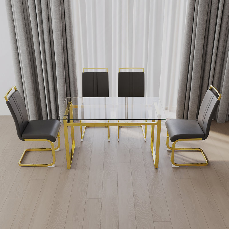 Ensemble de table de salle à manger pour 4, ensembles de table et chaises avec pieds dorés, plateau en verre trempé