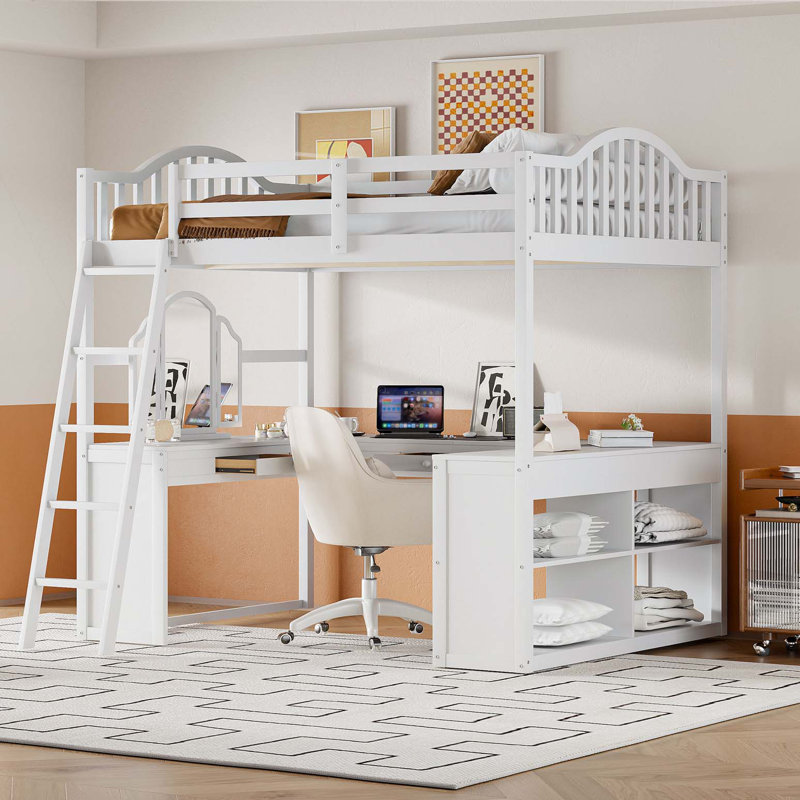 Lit mezzanine double en bois avec bureau en U, compartiments de rangement et miroir à trois volets, Blanc