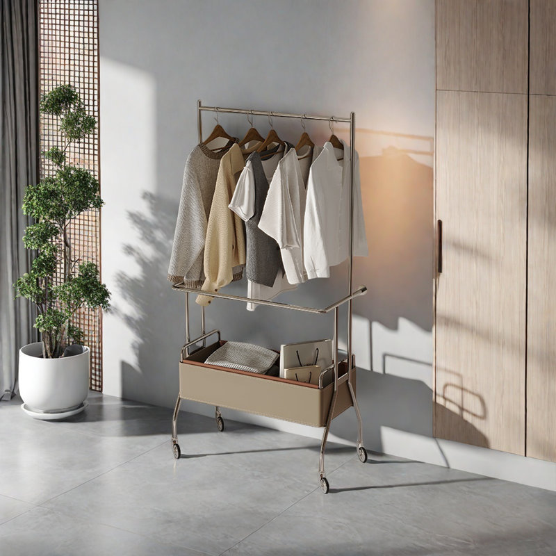 Coat Rack Leather Saddle 360° Wheels Brake, Khaki