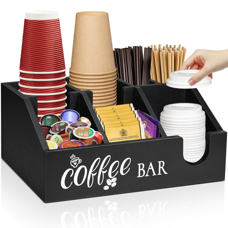 Organisateur de bar à café rustique - Porte-dosette en bois et panier de rangement de tasses pour le comptoir - Organisateur de condiments à sucre et à thé K-Cup