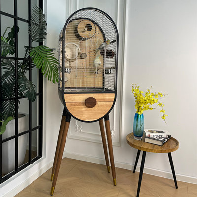 Minimalist Home Wooden Wire Bird Cage, Tall Freestanding Cockatiel Budgie Cage with Play Perch Inside