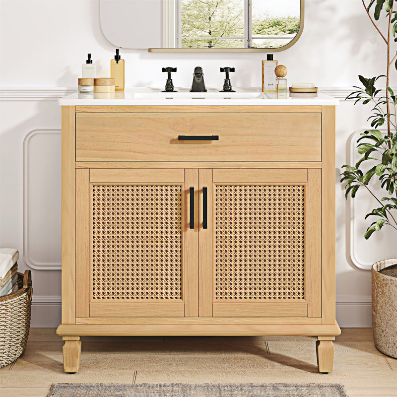 Meuble-lavabo en rotin avec lavabo en céramique, meuble-lavabo avec portes et tiroirs à fermeture en douceur