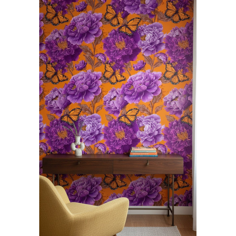 Papier peint floral papillon et décoration murale amovible mauve