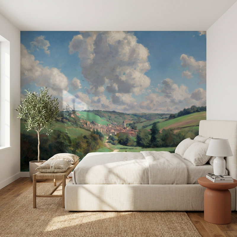 Papier peint pastoral paysage de village amovible, 120 po x 96 po, Texturé non collé
