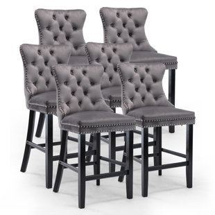 Velvet Upholstered Bar Stool with Button Tufted Back