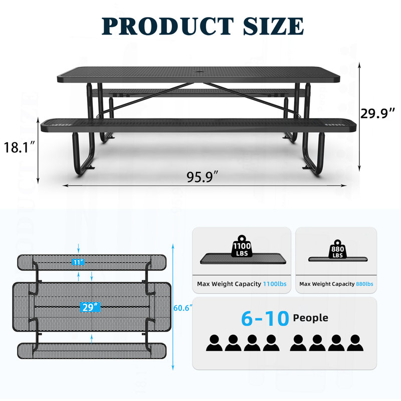 96" Rectangular Picnic Tables Black, Black