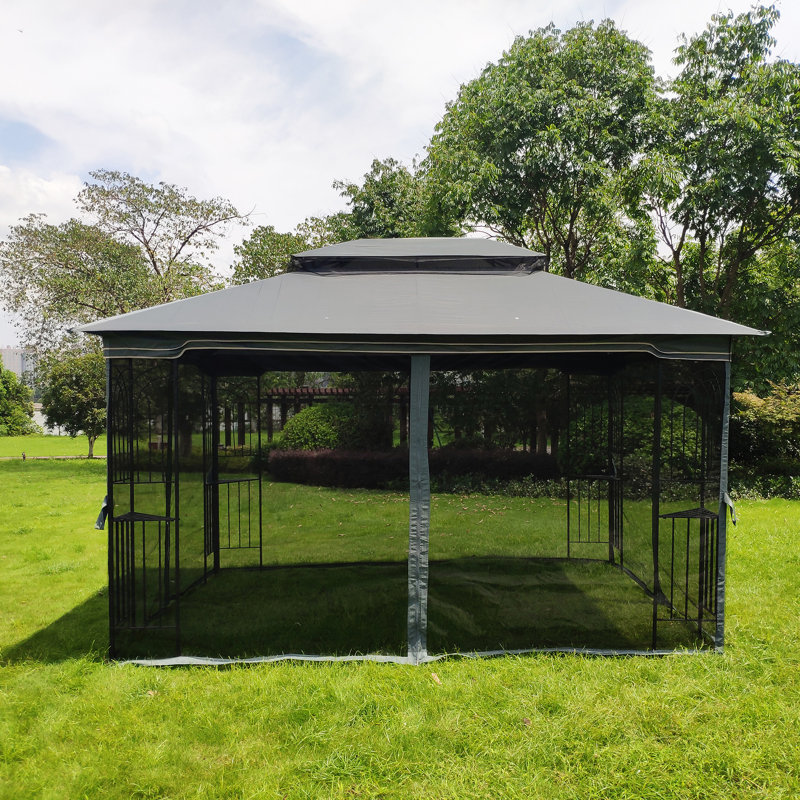 Tente de pavillon de jardin 13x10 avec double toit ventilé et moustiquaire, Gris, Gris