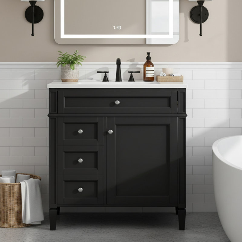 Meuble-lavabo 30 po avec comptoir simple, 2 tiroirs de rangement et tiroir coulissant, Noir