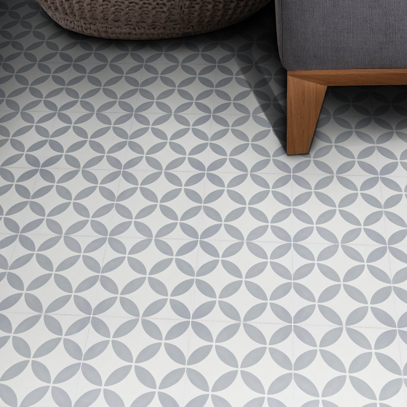 Amlo 8" x 8" Cement Patterned Wall & Floor Tile, White/Gray