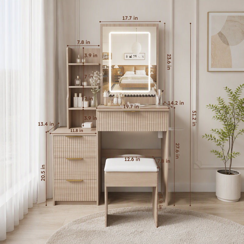 Coiffeuse moderne avec éclairage DEL, prise électrique et 4 tiroirs, Noyer
