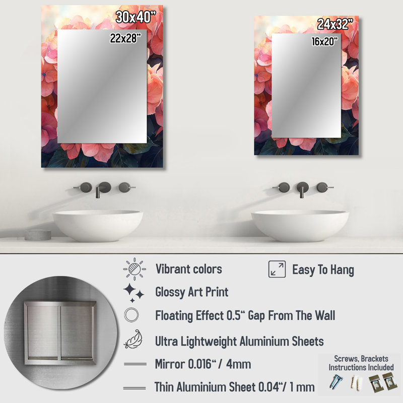 «Hydrangeas In The Sunset Glow IV» - miroir décoratif hydrangée, miroir mural traditionnel, impression d'art en métal