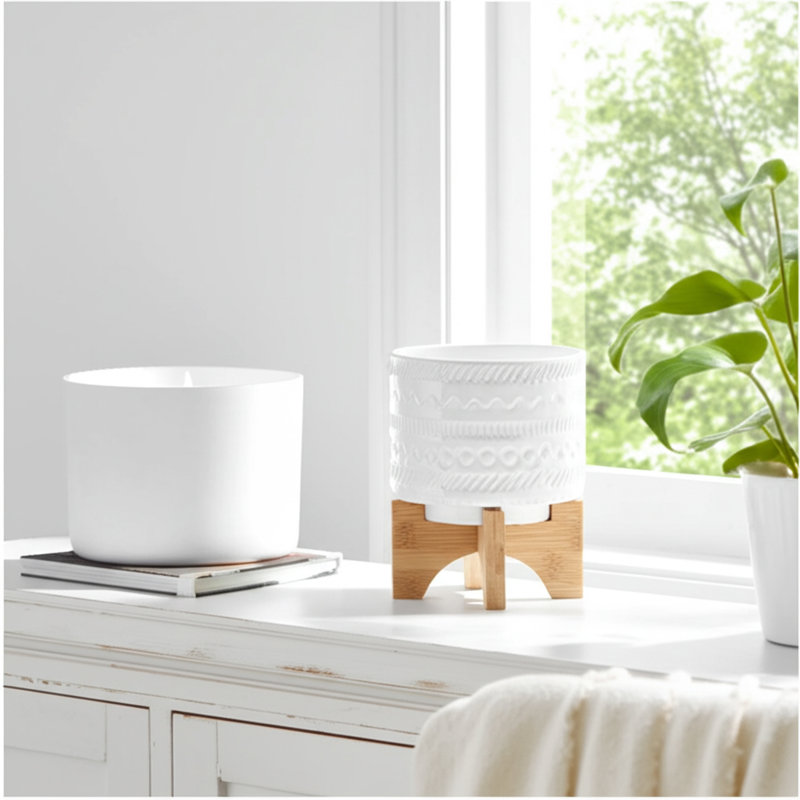 Natacha Stoneware Planter with Bamboo Stand - Ceramic Plant Pot with Raised Decorative Design, Modern Elevated Display, White