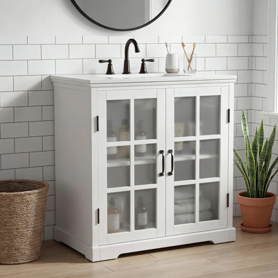 Meuble-lavabo moderne de 30 po avec lavabo en céramique, meuble-lavabo avec verre trempé et poignées noir mat, grand espace de rangement et structure en bois d'hévéa, blanc - céramique + panneau de fibres à densité moyenne, bois d'hévéa