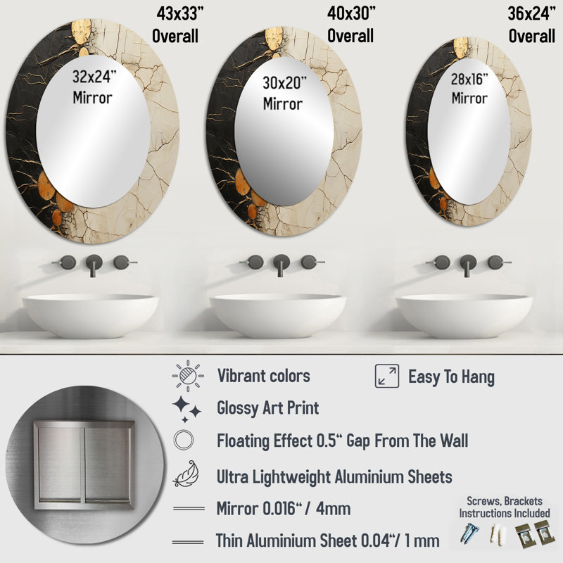 Black Gold Adorned Poteries IV - Modern Oval Wall Mirror, 43" x 33"