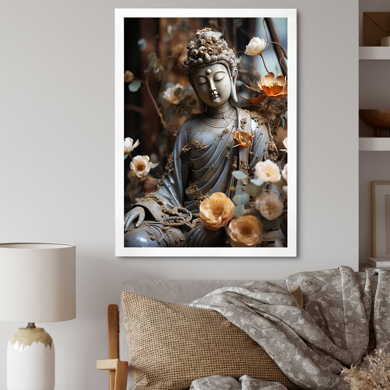 Sentiers illuminés Bouddhisme au Temple III - Bouddhisme, art mural, Cadre flottant blanc, H 32 po x l 24 po x P 1 po