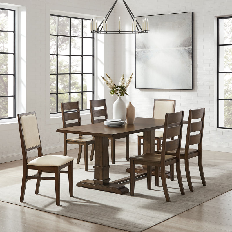 Table de salle à manger à tréteaux et chaises en bois Heymann, 7 pièces : table, 6 chaises, Brun