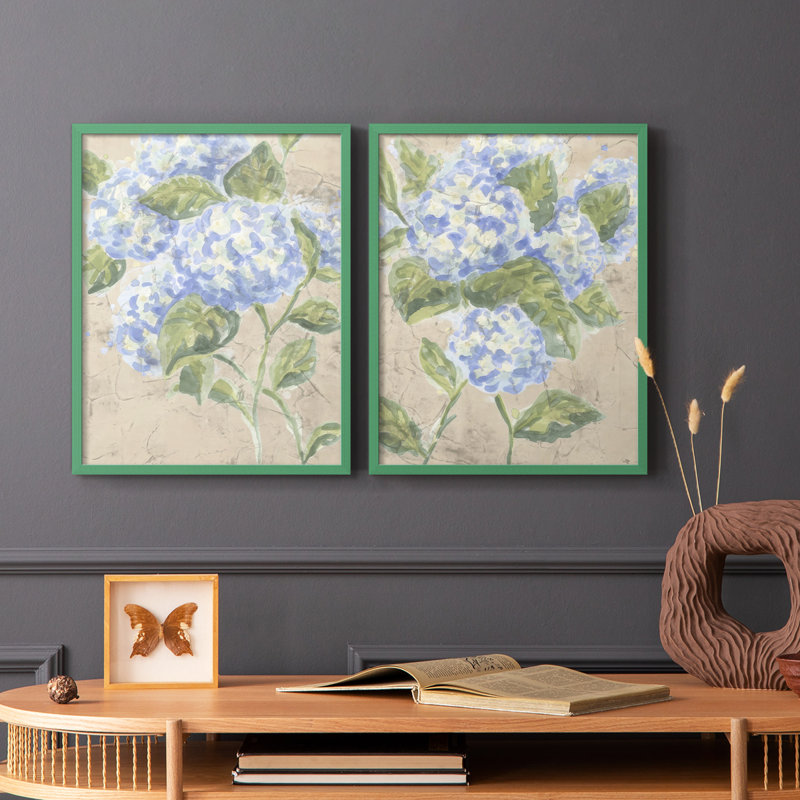 «Vintage Hydrangea Fresco I», reproduction encadrée de qualité supérieure - prête à être accrochée - aucun clou requis - aucun clou requis