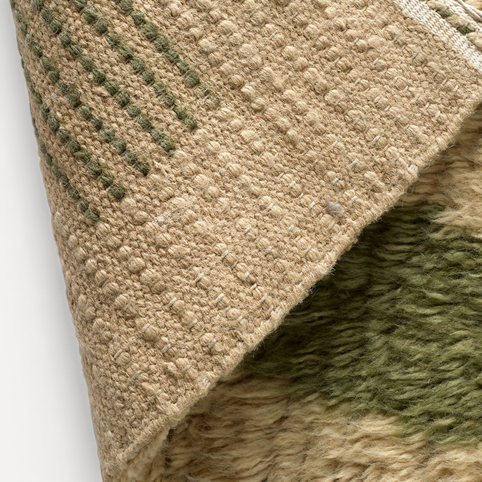 Essi Green Tan Hand-Woven Geometric Wool Rug, Runner 2'6" x 8'