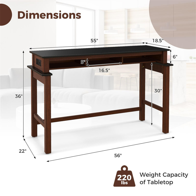 Table de bar avec prises de courant Ebern Designs, Noir, Noyer