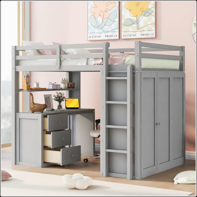 Lit mezzanine double avec tiroirs, bureau et garde-robe pour un espace peu encombrant et multifonctionnel
