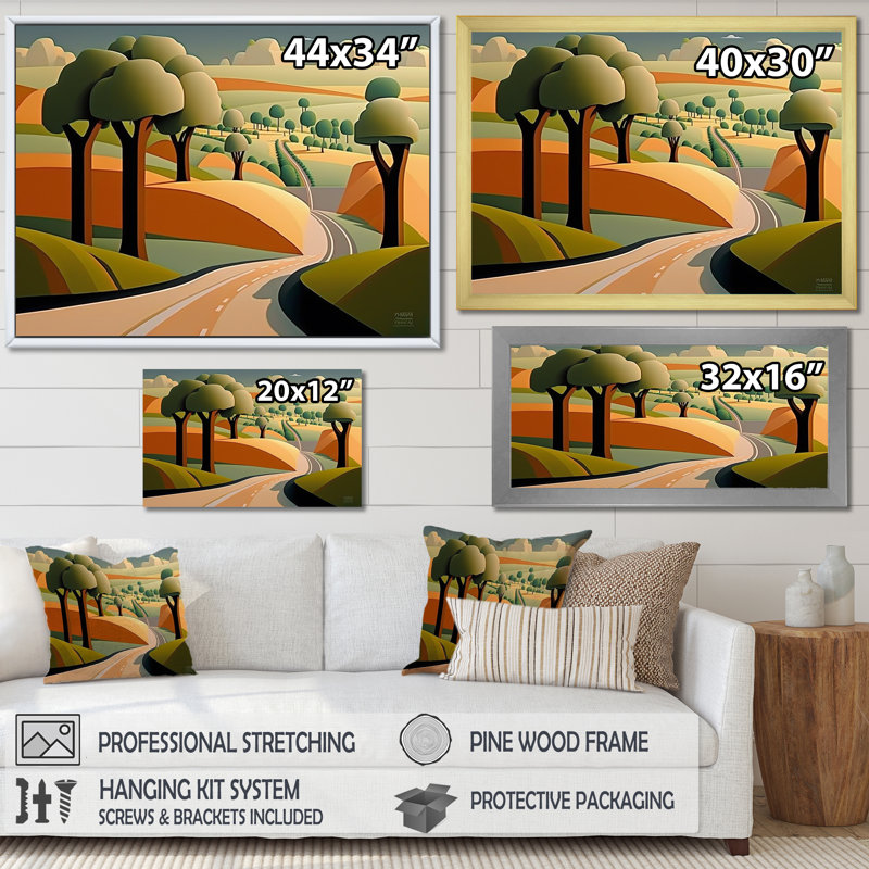 Paysage abstrait de la route vers les montagnes rustiques sur toile, H 34 po x l 44 po x P 1,5 po, Cadre photo blanc