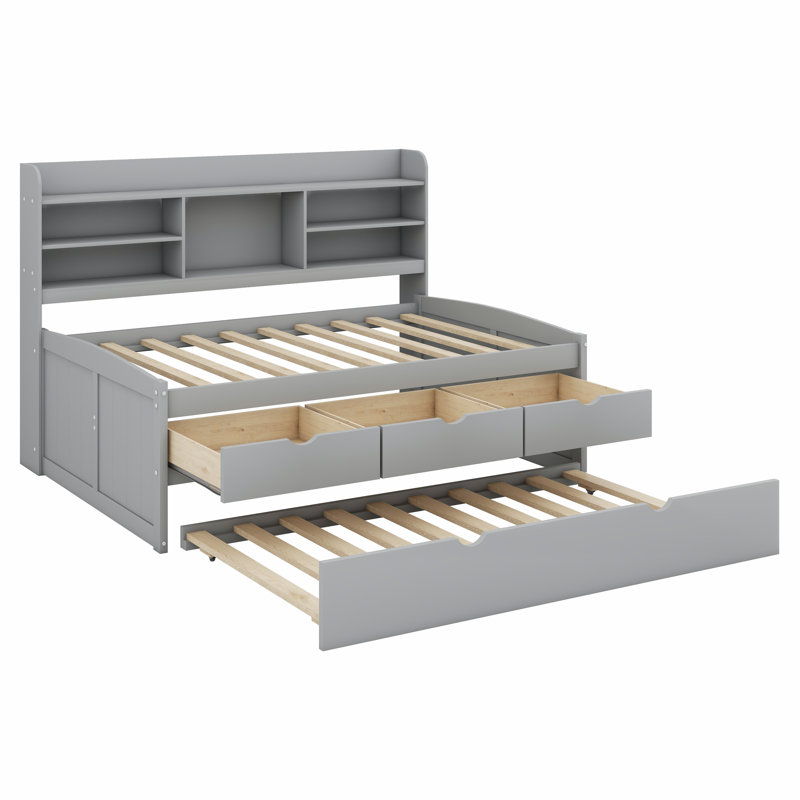 Lit capitaine en bois avec tablettes intégrées, Gris